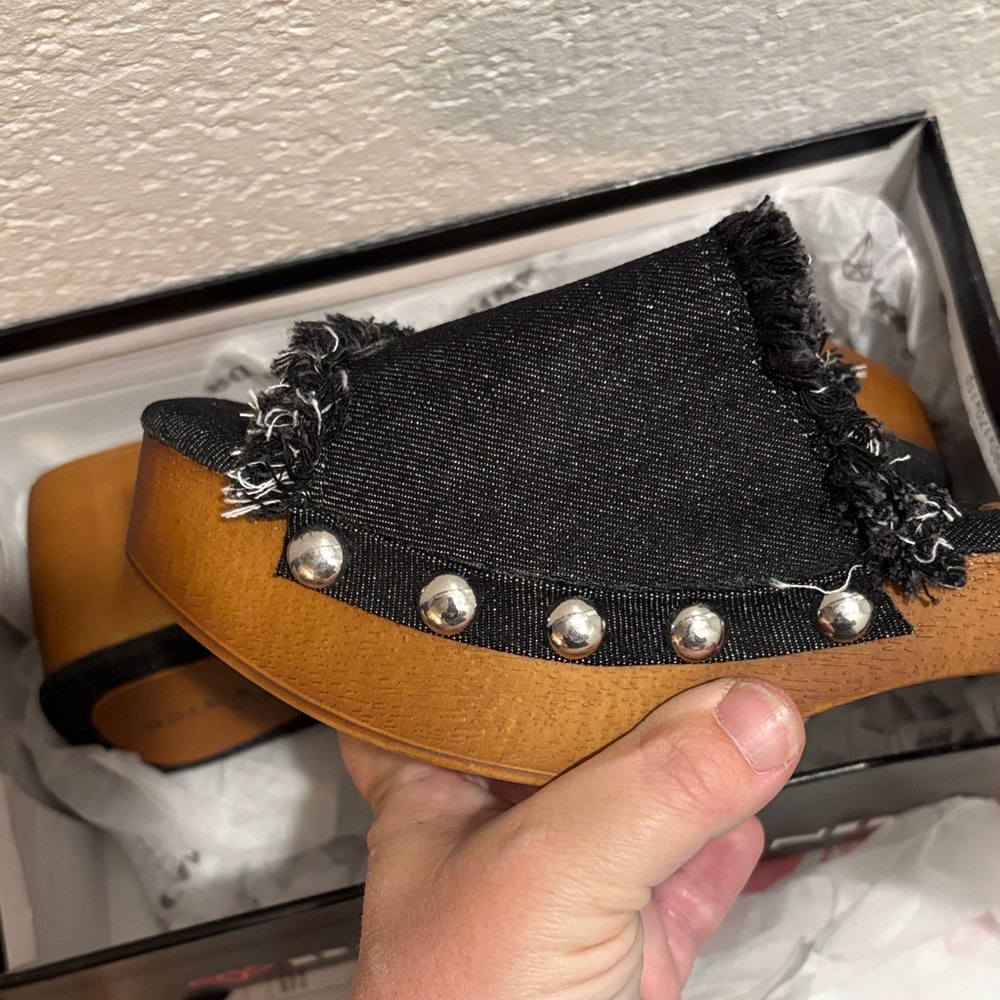 Rock & Candy Black Denim Mules with Wooden Heel - Picture 6 of 14